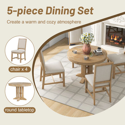 5 Piece Round Dining Table Set, Dining Room Set with Extendable Table and 4 Upholstered Chairs, Wood Dining Table Set for 4, Farmhouse Dining Table Set for Kitchen Dining Room Dorm Apartment, Brown