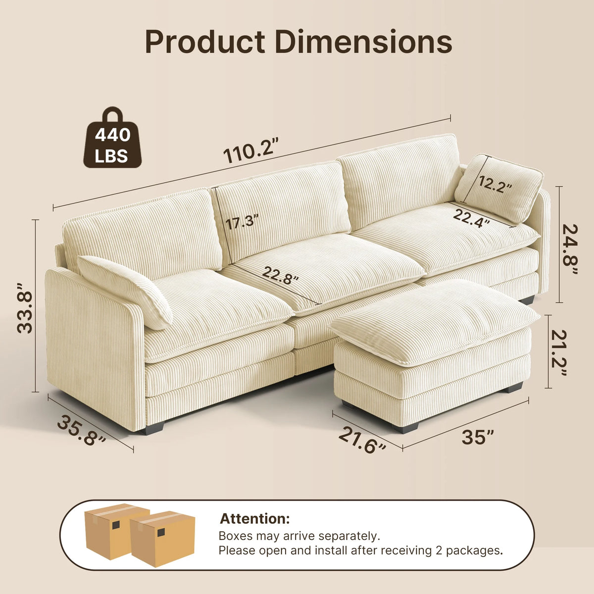 Lofka 110 Modular Sectional Sofa Bed with Double Layer Cushions and Movable Ottoman, Modern Comfy Cloud Couch for Living Room, DIY Combination, Green
