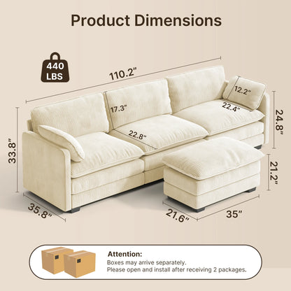 Lofka 110 Modular Sectional Sofa Bed with Double Layer Cushions and Movable Ottoman, Modern Comfy Cloud Couch for Living Room, DIY Combination, Green