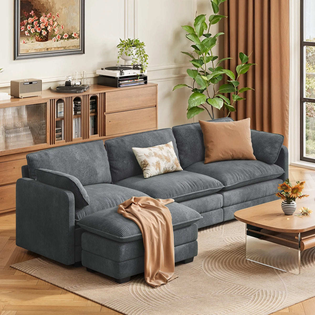 Lofka 110 Modular Sectional Sofa Bed with Double Layer Cushions and Movable Ottoman, Modern Comfy Cloud Couch for Living Room, DIY Combination, Green