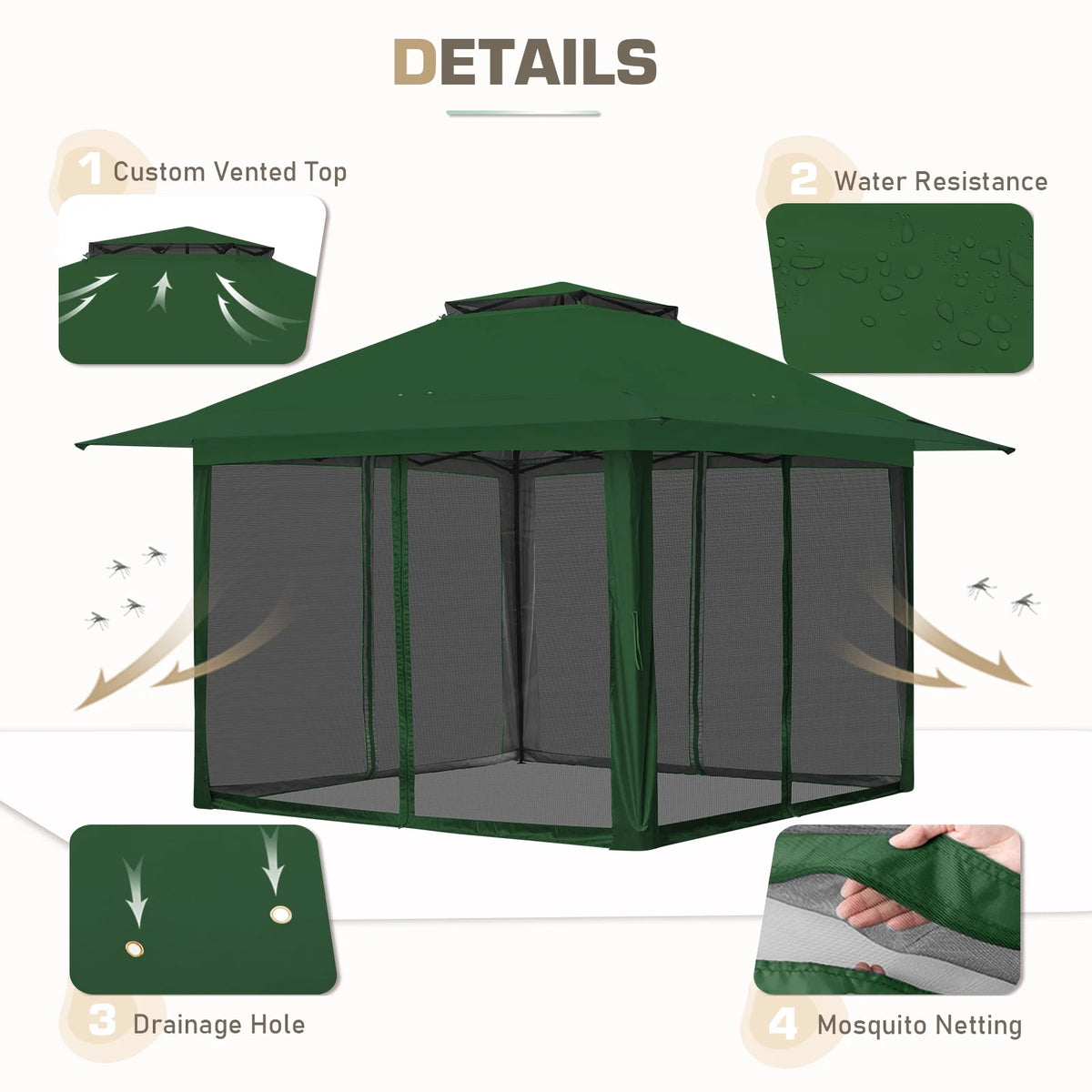 EAGLE PEAK 13' x 13' Pop-Up Gazebo Tent Instant w/Mosquito Netting，Outdoor Gazebo Canopy Easy Set-up Folding Shelter (Beige/Brown)