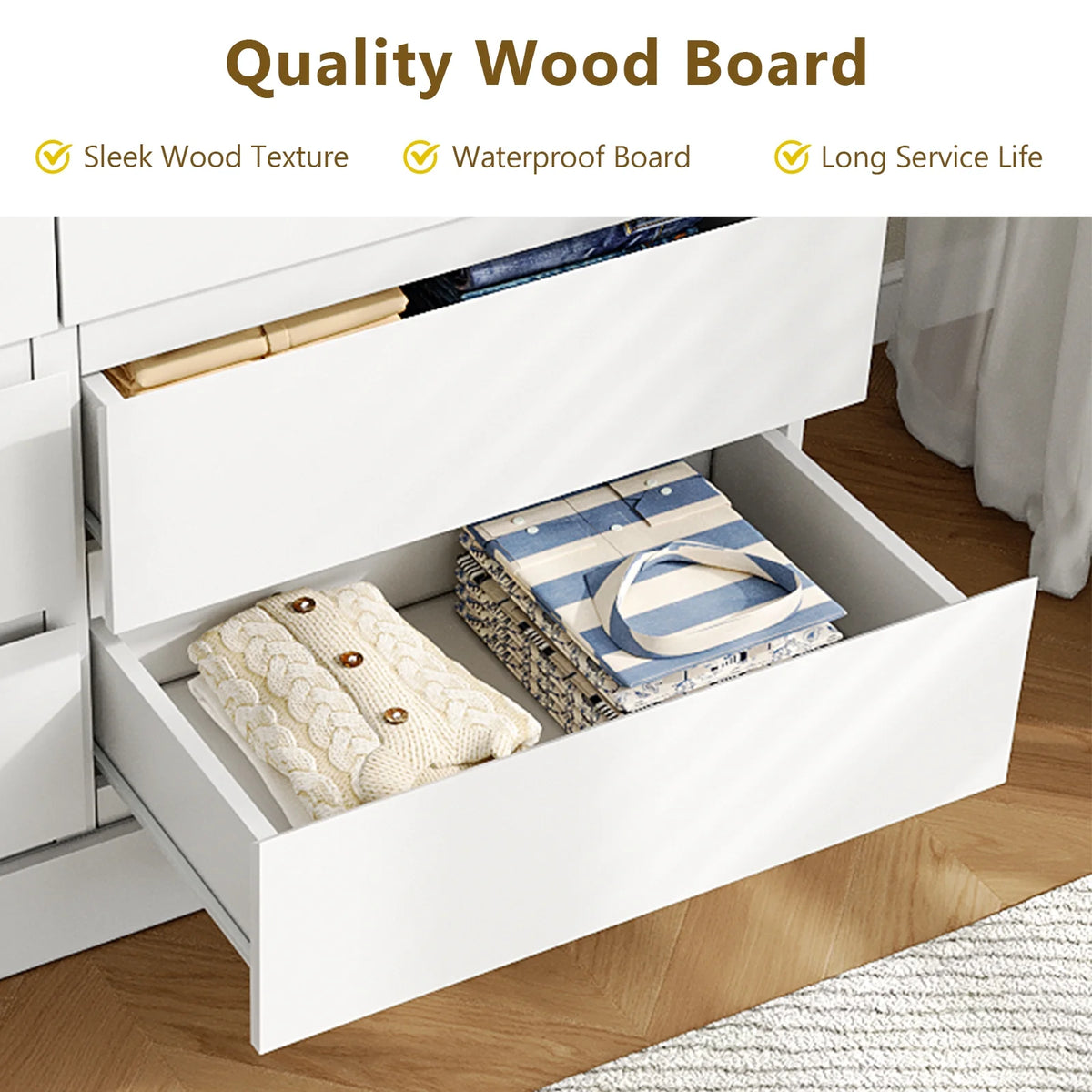 LAFGUR 6 Drawer Double Dresser,Wood Storage Organizer Cabinet Chest for Bedroom Living Room,White