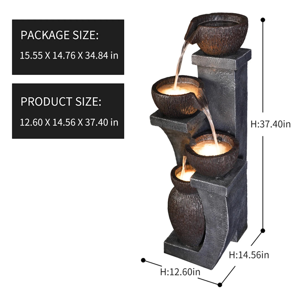 37.4 H Outdoor Water Fountain with 4 Crocks, Modern LED Lighted Garden Floor Fountain for Patios and Yards Durable Resin Water Feature with Cascading Waterfall Design for Indoor/Outdoor Dcor