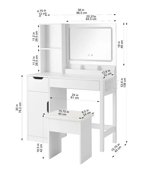Mainstays Get Ready with Me GRWM Deluxe 2-Piece Vanity and Stool with Lighted Mirror and USB Power, White Finish