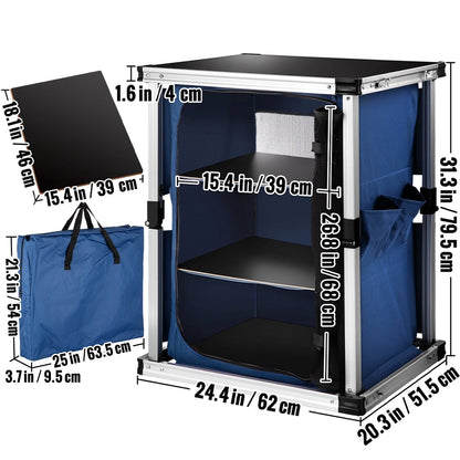 Camping Kitchen Station, Aluminum Portable Folding Cook Table with 3-Tier Storage Organizer, Side Pocket and Carrying Bag, for Outdoor BBQ Party Backyards and Tailgating, Blue