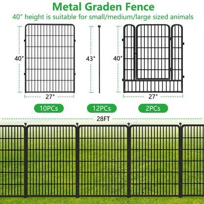Txh001 Metal Garden Fence 28ft(L) 40in(H) Animal Barrier Metal Decorative Garden Fencing with Gate