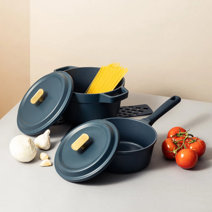 Thyme & Table 18-Piece Non-stick Diecast Cookware & Silicone Utensil Set, Pots and Pans Set - Atlantic Blue