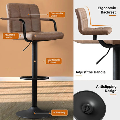 JONPONY Bar Stools Set of 2, Back and Armrest,Vintage Leather Modern Bar Chairs for Home and Kitchen Counter,Black,Low Back