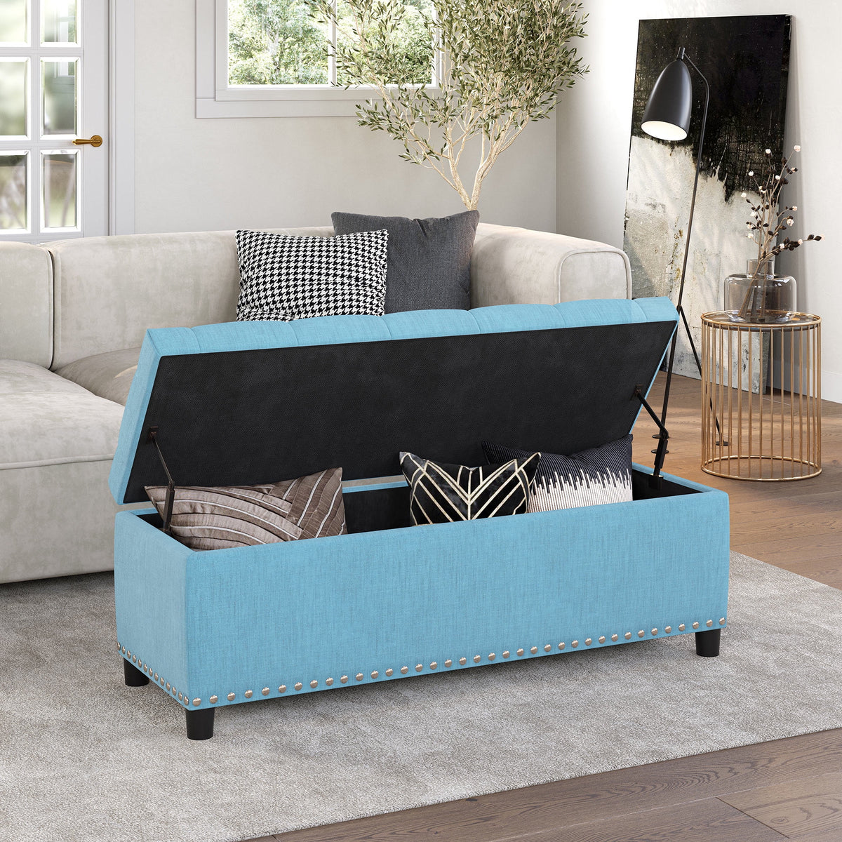 BELLEZE Button-Tufted Faux Leather Storage Ottoman Bench - Brentwood (Dark Brown)