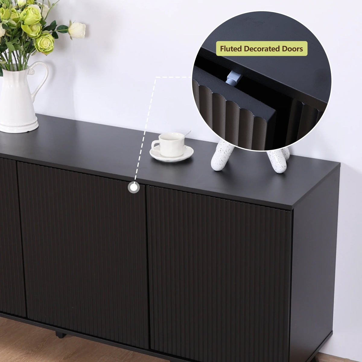 Wirrytor Sideboard Storage Cabinet with Doors and Shelves, Buffet Cabinet with Storage, Credenza Storage Cabinet for Kitchen, Wooden Fluted Cabinet, Under TV Cabinet with Storage - Black