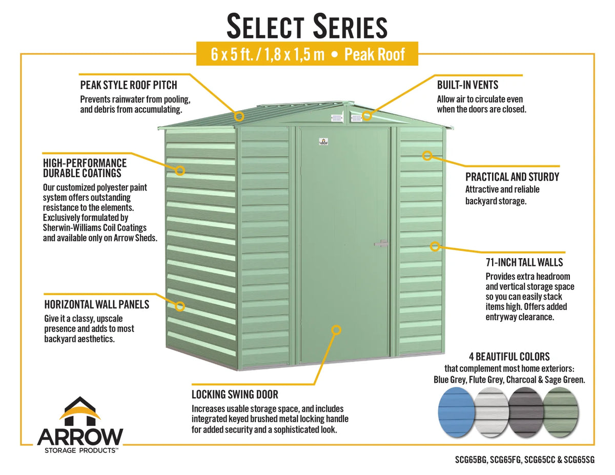 Arrow Select Steel Storage Shed Steel Storage Shed, 6x5, Charcoal