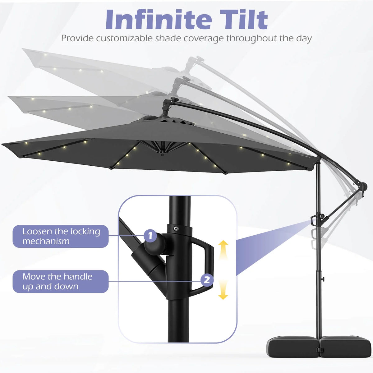 Costway 10 FT Solar Offset Hanging Umbrella Patio Cantilever Umbrella with 32 LED Lights Brown