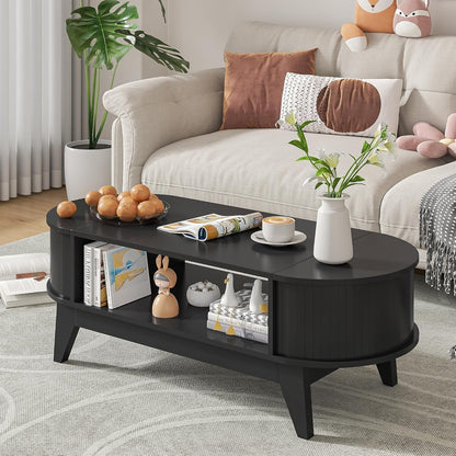 Fluted Coffee Table with Storage, Modern Coffee Tables, Wood Accent Center Table