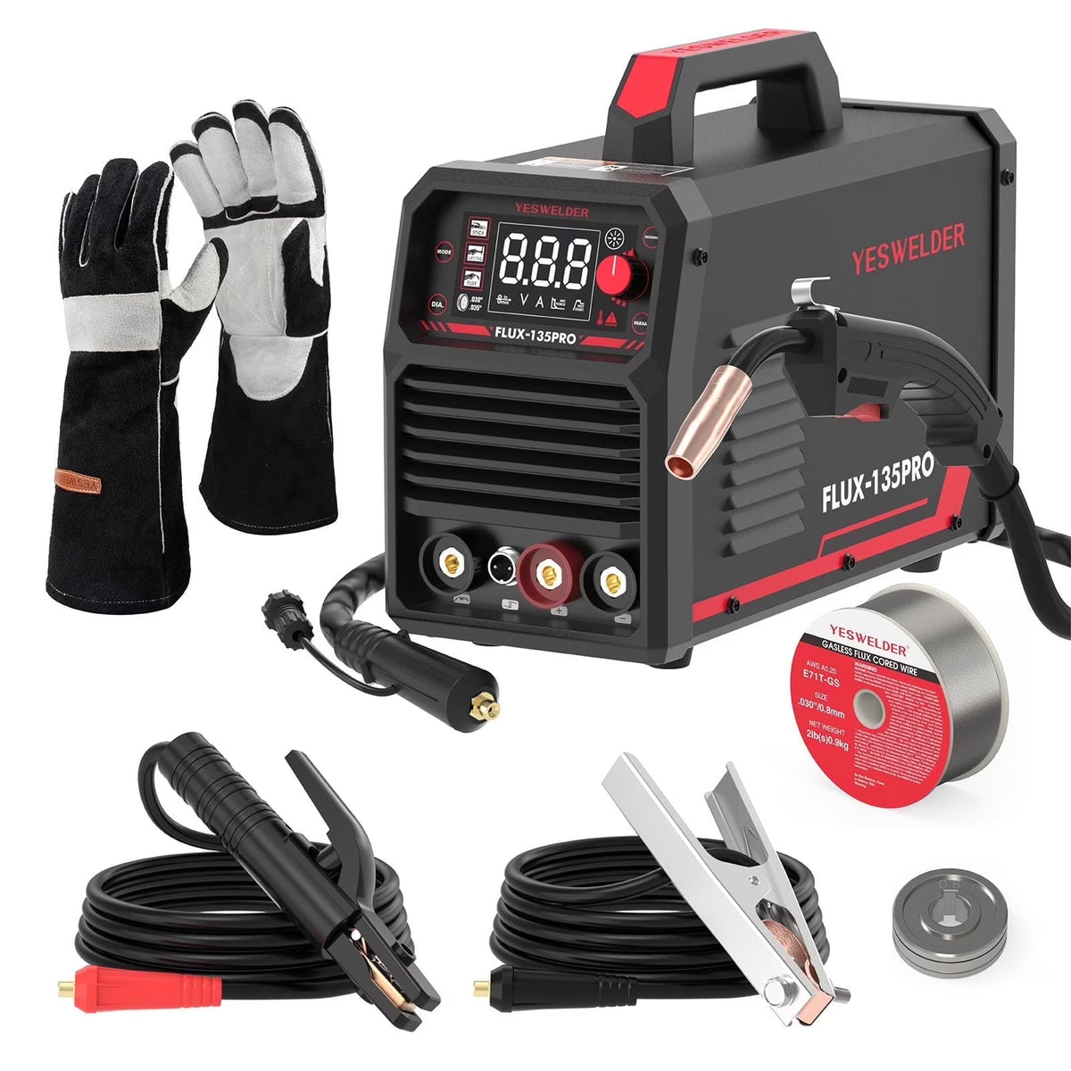 YesWelder 135A Flux Welding Kit, Includes Welder, Gloves, and Wire, Black