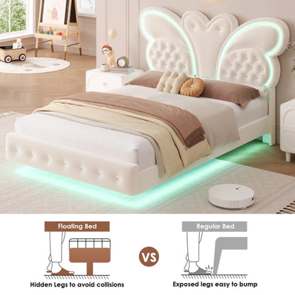 Homfa Twin Size Velvet Upholstered Bed with LED Lights, Floating Platform Bed Frame with Butterfly Crystal Button Tufted Headboard, Pink