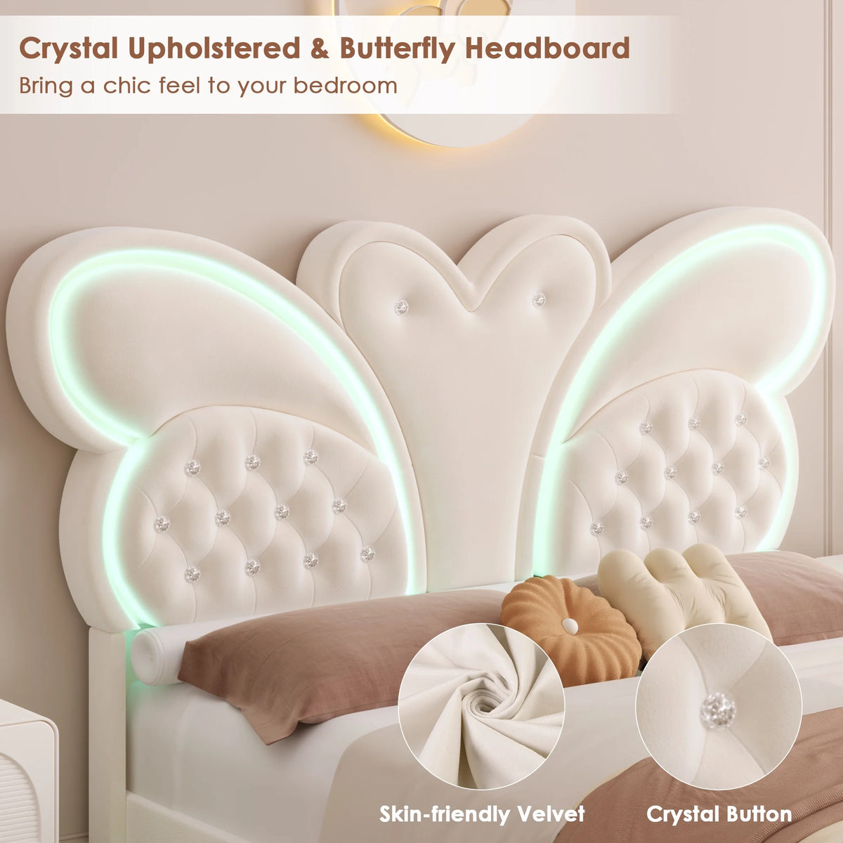 Homfa Twin Size Velvet Upholstered Bed with LED Lights, Floating Platform Bed Frame with Butterfly Crystal Button Tufted Headboard, Pink