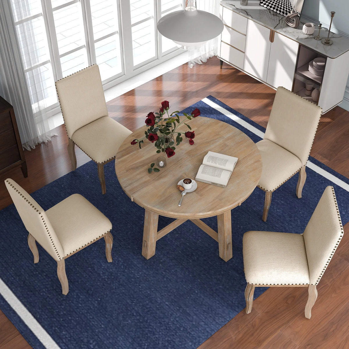 Bellemave 5-Piece Round Dining Table Set, Wood Farmhouse Extendable Dining Table and 4 Upholstered Dining Chairs, Kitchen Dining Table Set for 4 Antique White