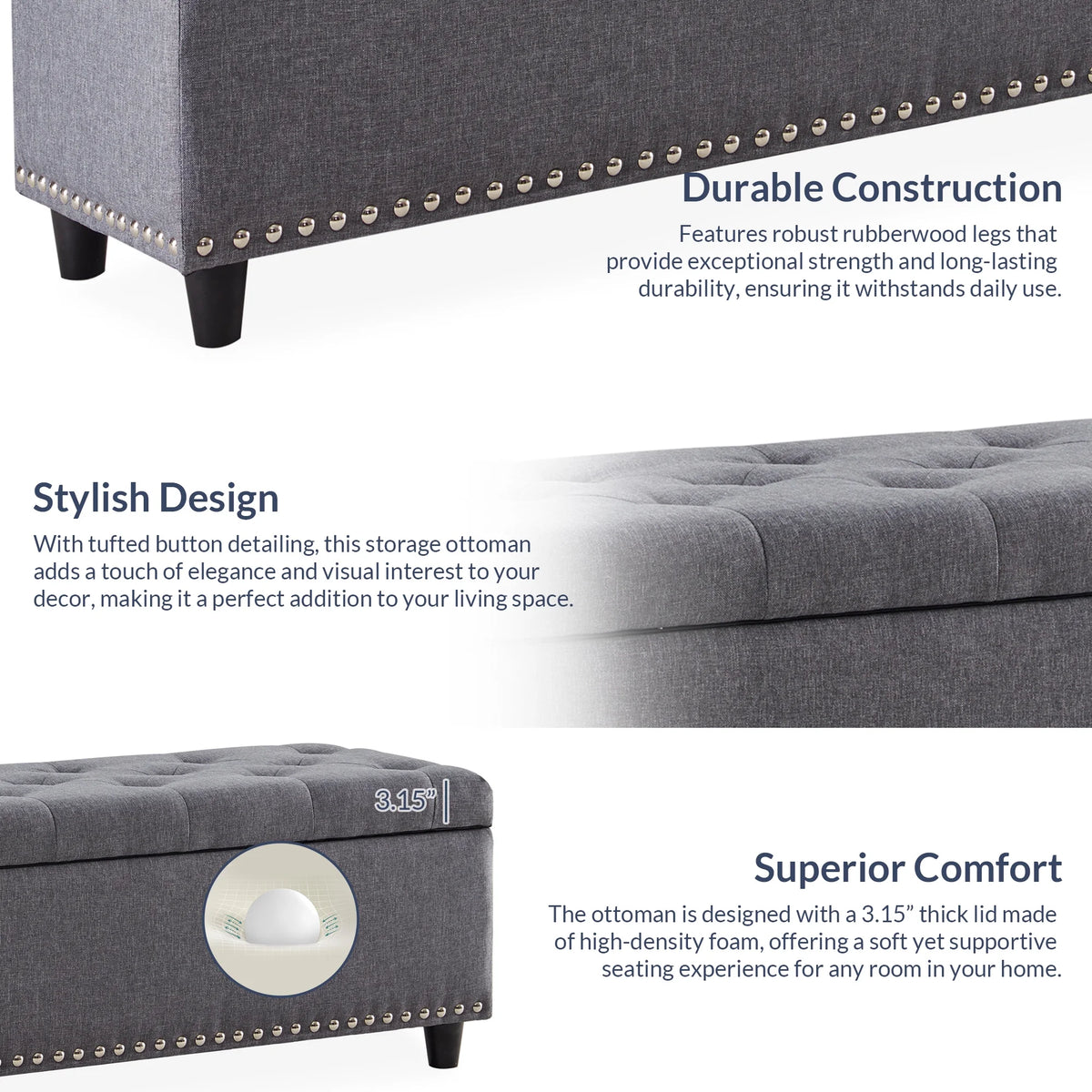 BELLEZE Button-Tufted Faux Leather Storage Ottoman Bench - Brentwood (Dark Brown)