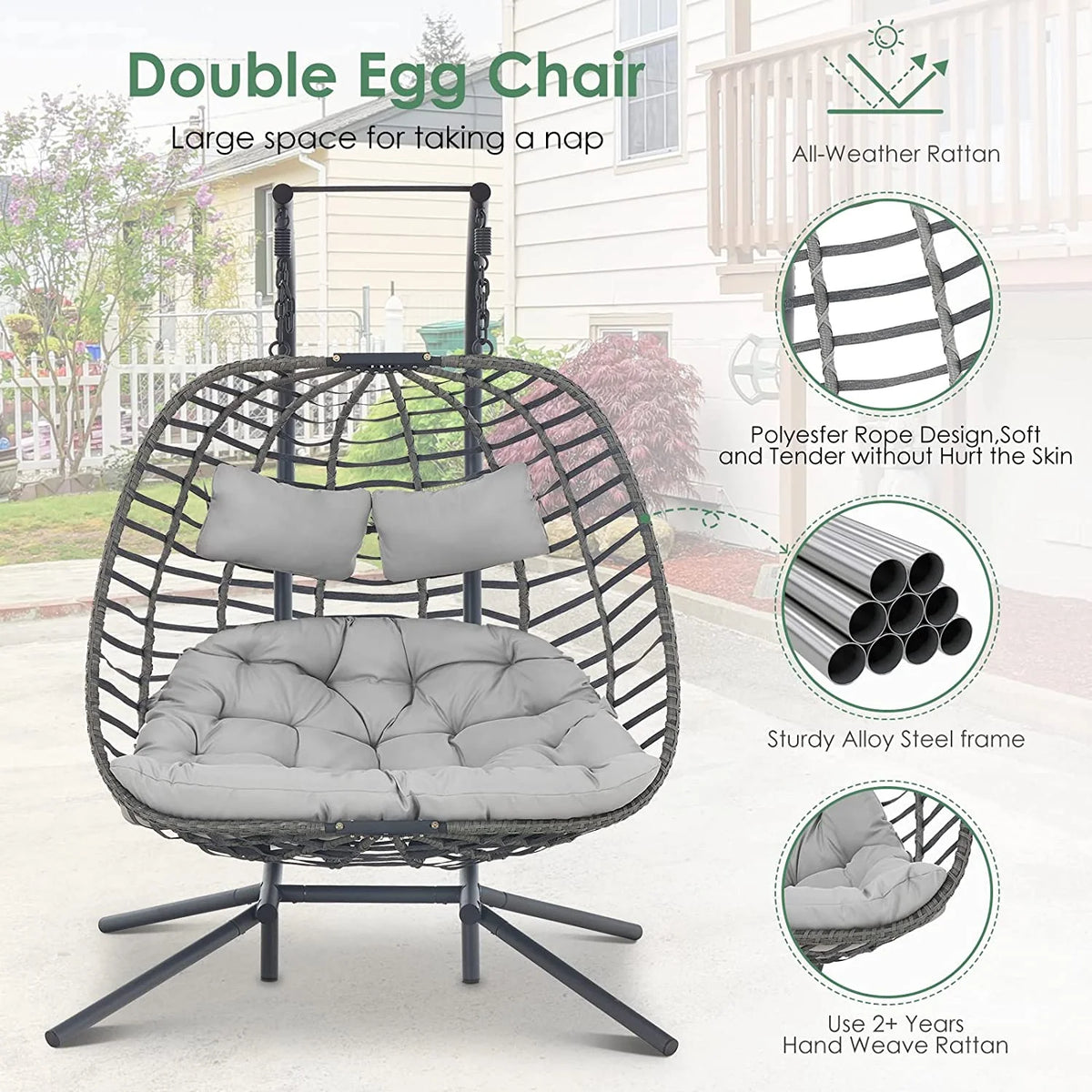 Brafab 2 Person Swing Egg Chair with Sturdy Stand and Fluffy Cushion, Large Double Hand-Woven Wicker Rattan Hanging Egg Chairs, Porch Swing Loveseat 500LBS Capacity for Indoor Outdoor, Light Grey