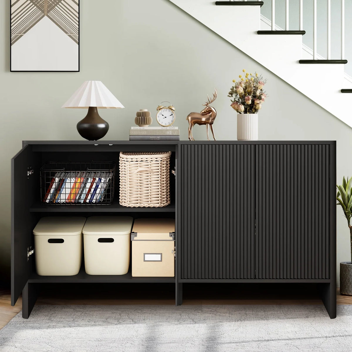 Wirrytor Sideboard Storage Cabinet with Doors and Shelves, Buffet Cabinet with Storage, Credenza Storage Cabinet for Kitchen, Wooden Fluted Cabinet, Under TV Cabinet with Storage - Black