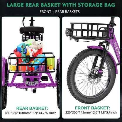 MOONCOOL TK1 Folding Electric Tricycle for Adults,48V 14.5Ah Removable battery, 500W（Peak 1000w）Motor, 20" Fat Tire Step-Thru 3Wheel Electric Bicycle w/Front&Rear Baskets, Certified to UL 2849 by SGS
