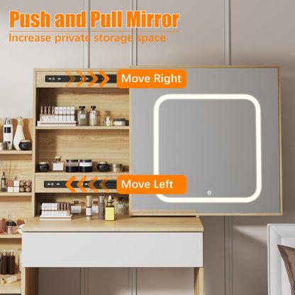Vanity Desk with Sliding Mirror and Lights, Makeup Vanity Set with 4 Drawers, Stool, Power Outlet, Open Shelves, 3 Color Adjustable Lighting Modes, Makeup Dressing Table for Bedroom, White