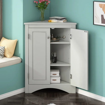Home Floor Corner Cabinet with Adjustable Shelves and Two Doors, Triangle Bathroom Storage Cabinet, Modern Style Freestanding Floor Cabinet for Kitchen, Living Room and Hall, Oak