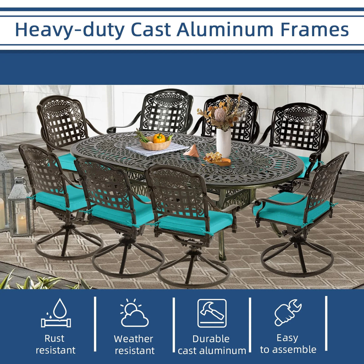 9-Piece Patio Cast Aluminum Dining Set, 8 Person Outdoor Dining Furniture Set, includes 84" Oval Table and 8 Swivel Dining Chairs with Umbrella Hole for Patio Deck Garden, Tan