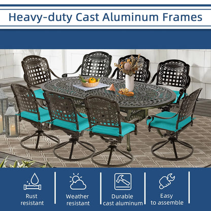 9-Piece Patio Cast Aluminum Dining Set, 8 Person Outdoor Dining Furniture Set, includes 84" Oval Table and 8 Swivel Dining Chairs with Umbrella Hole for Patio Deck Garden, Tan