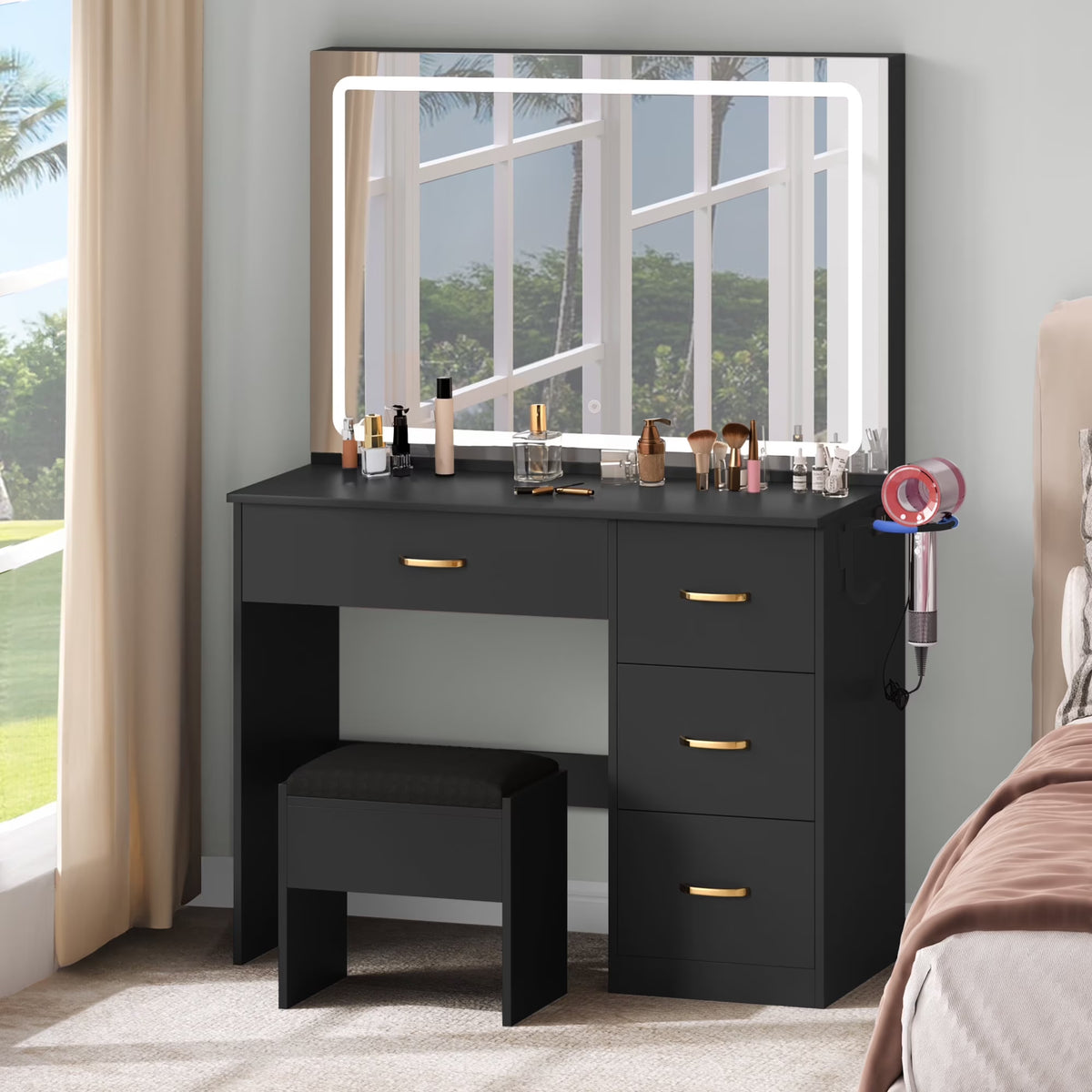 Dextrus Makeup Vanity Desk with Large Lighted Mirror and Storage - Enhance Your Beauty, Routine 4 Drawer Vanity Table with Cushioned Stool, Milky-White