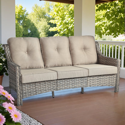 Ovios Outdoor Patio Sofa 3-Seater with Cushions All-Weather Wicker Rattan Couch for Garden, Porch, or Backyard
