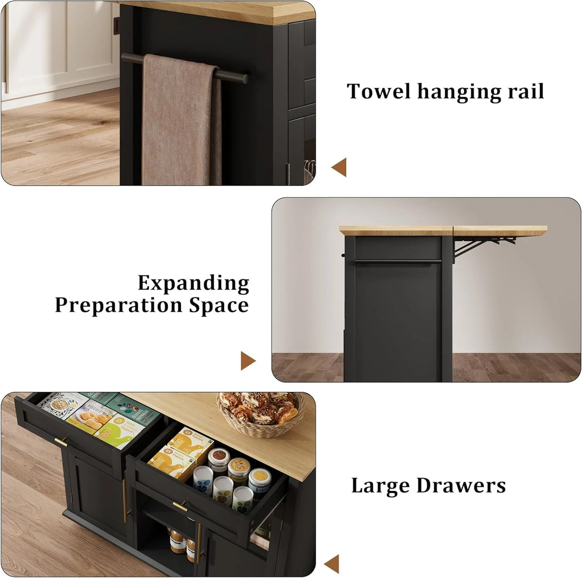WALYWIK Foldable Kitchen Island Cart with Wheels, 2 Glass Doors, Spice Rack & Towel Holder Compact Mobile Storage Cart for Small Kitchens, Dining Rooms, Camping & RVs - Grey