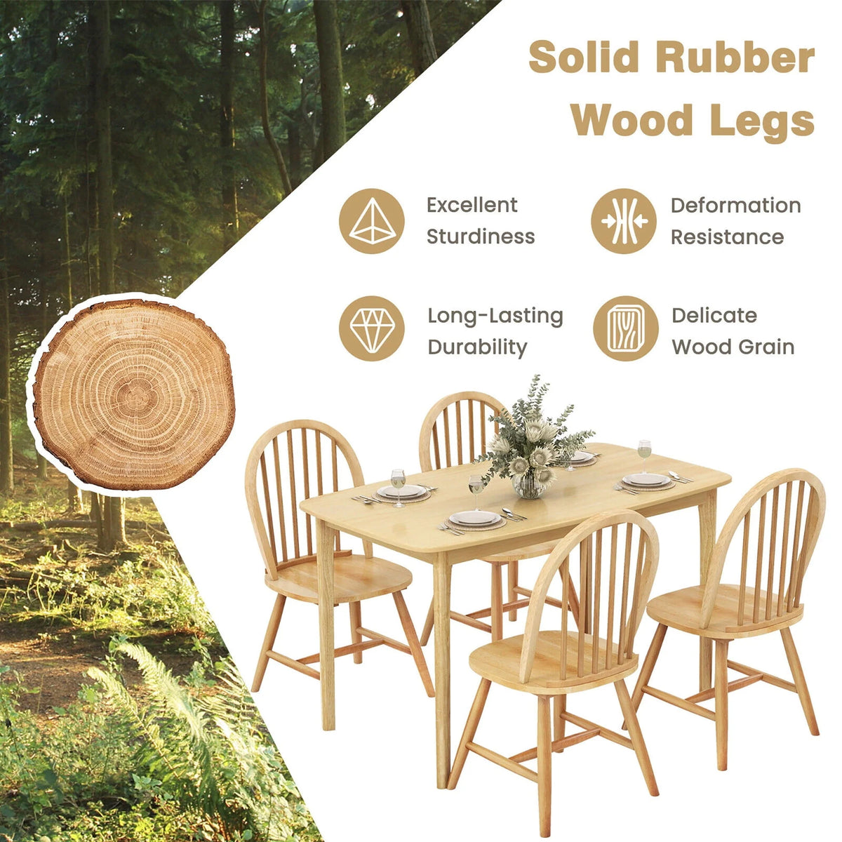 Gymax 5 PCS Wooden Dining Table Set 48'' Rectangular Kitchen Table & 4 Windsor Chairs