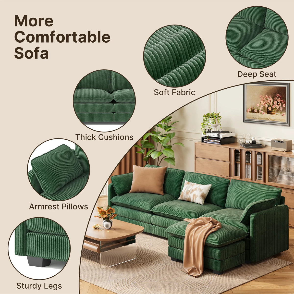 Lofka 110 Modular Sectional Sofa Bed with Double Layer Cushions and Movable Ottoman, Modern Comfy Cloud Couch for Living Room, DIY Combination, Green