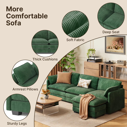 Lofka 110 Modular Sectional Sofa Bed with Double Layer Cushions and Movable Ottoman, Modern Comfy Cloud Couch for Living Room, DIY Combination, Green