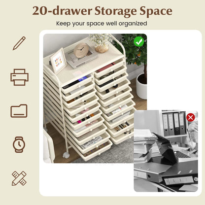 Costway 20 Drawer Rolling Storage Cart Tools Scrapbook Paper Office School Organizer Yellow