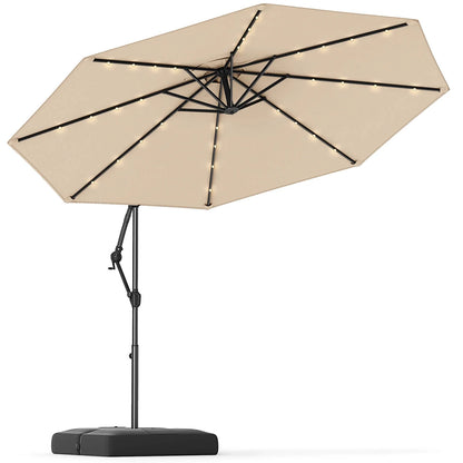 Costway 10 FT Solar Offset Hanging Umbrella Patio Cantilever Umbrella with 32 LED Lights Brown
