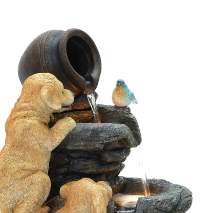 LuxenHome Outdoor Water Fountain, 26" Puppy and Rock Resin Water Fountains Indoor with LED Lights