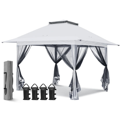 EAGLE PEAK 13' x 13' Pop-Up Gazebo Tent Instant w/Mosquito Netting，Outdoor Gazebo Canopy Easy Set-up Folding Shelter (Beige/Brown)