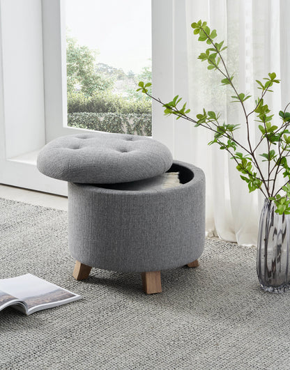 Better Homes & Gardens Round Tufted Storage Ottoman, Gray Faux Linen