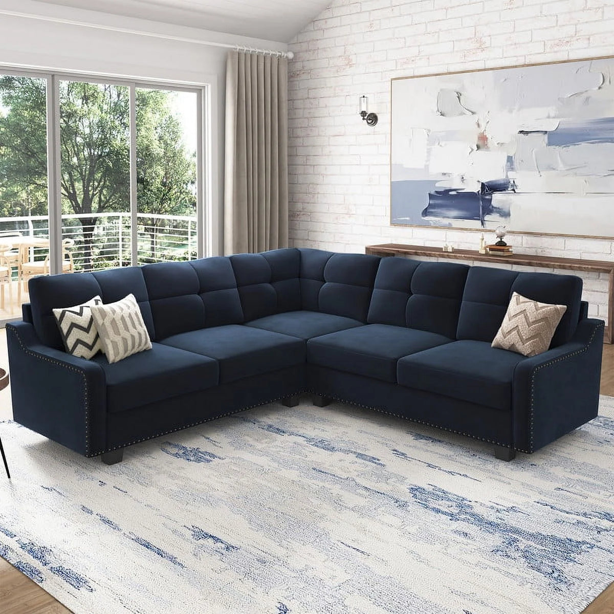 HONBAY Rivet Corner Sofa L-Shaped Sofa Couch Reversible 4-Seater Couch for Living Room and Apartment, Dark Blue