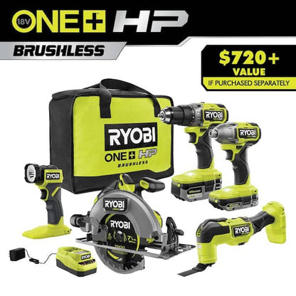 ONE+ HP 18V Brushless Cordless 5-Tool Combo Kit with 4.0 Ah and 2.0 Ah HIGH PERFORMANCE Batteries, Charger, and Bag