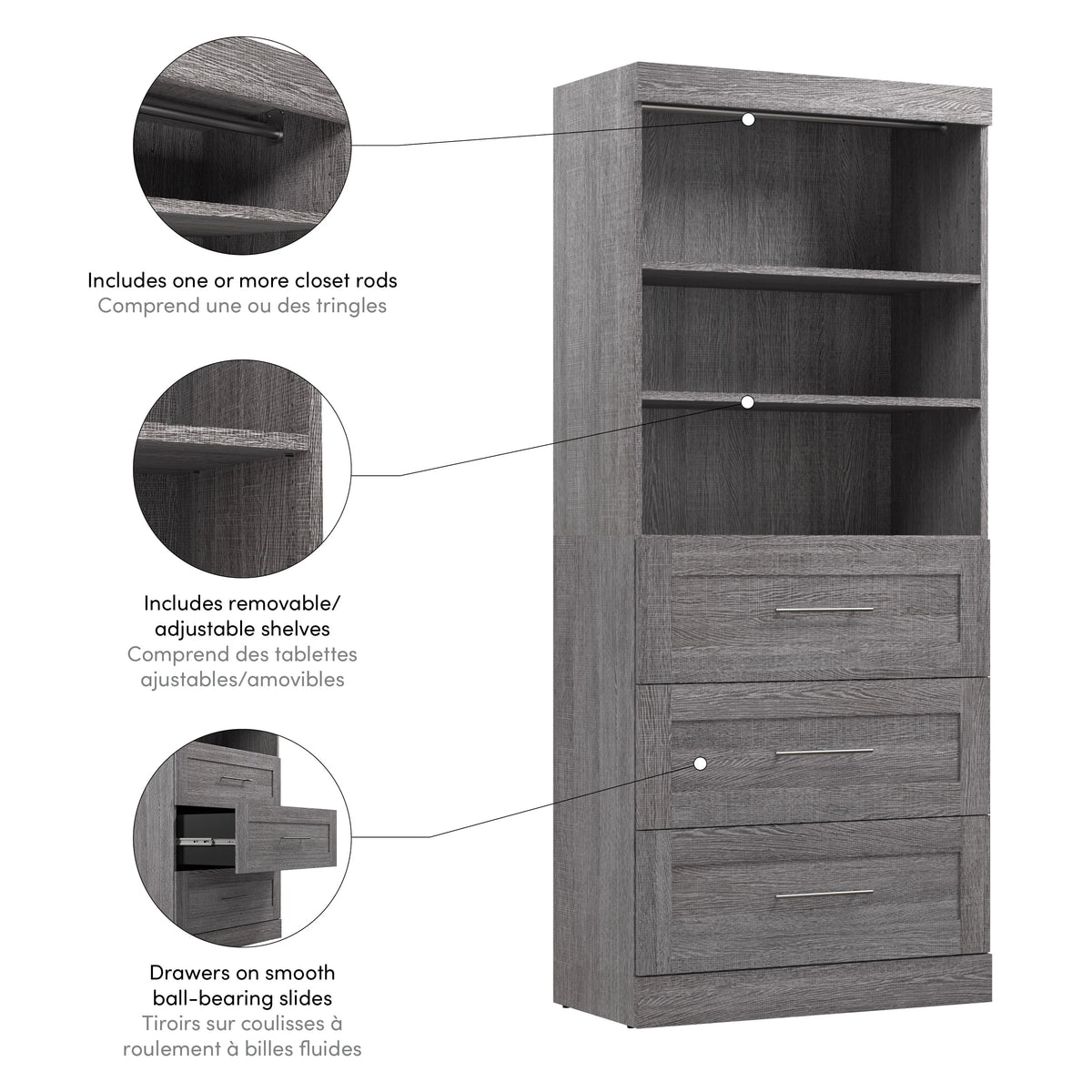 Bestar Pur 36W Closet Organizer with Drawers in Bark Gray - Engineered Wood
