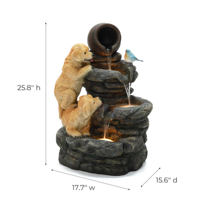 LuxenHome Outdoor Water Fountain, 26" Puppy and Rock Resin Water Fountains Indoor with LED Lights