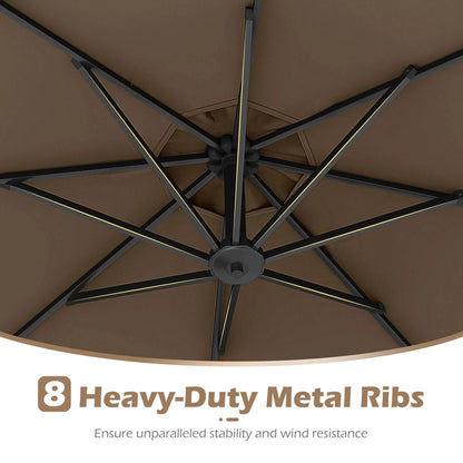 Costway 10 FT Solar Offset Hanging Umbrella Patio Cantilever Umbrella with 32 LED Lights Brown