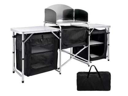 Inch Aluminum Portable Fold-Up Camping Kitchen with Windscreen and 5 Enclosed Cupboards, Cook Station, for BBQ, Camping, Picnic, Backyard