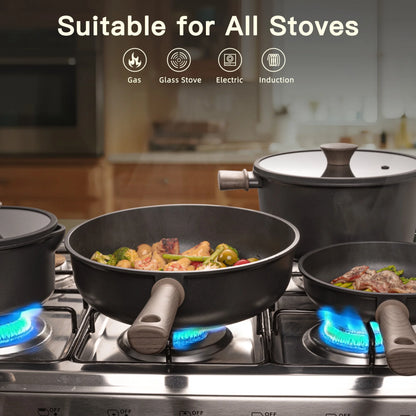 Astercook 18-Piece Pots and Pans Set, Nonstick Cookware Set with Elegant Wooden Handle, Oven Safe to 480F, Induction Compatible, Kitchen Cooking Set for RV Trips, Camping and Picnic, Black