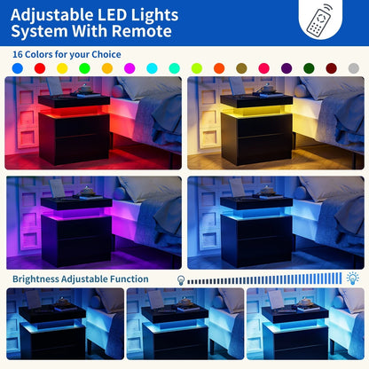 LED Nightstand Set of 2, Modern Bedside Table with 2 Drawers Storage Space, Adjustable Colors LED Light, Black