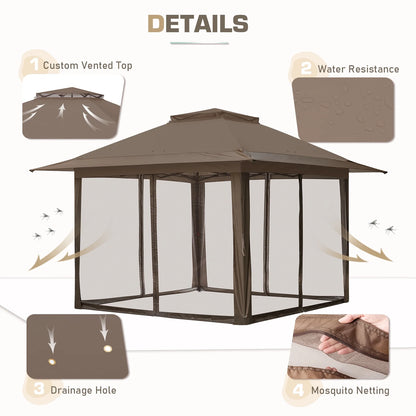 EAGLE PEAK 13' x 13' Pop-Up Gazebo Tent Instant w/Mosquito Netting，Outdoor Gazebo Canopy Easy Set-up Folding Shelter (Beige/Brown)