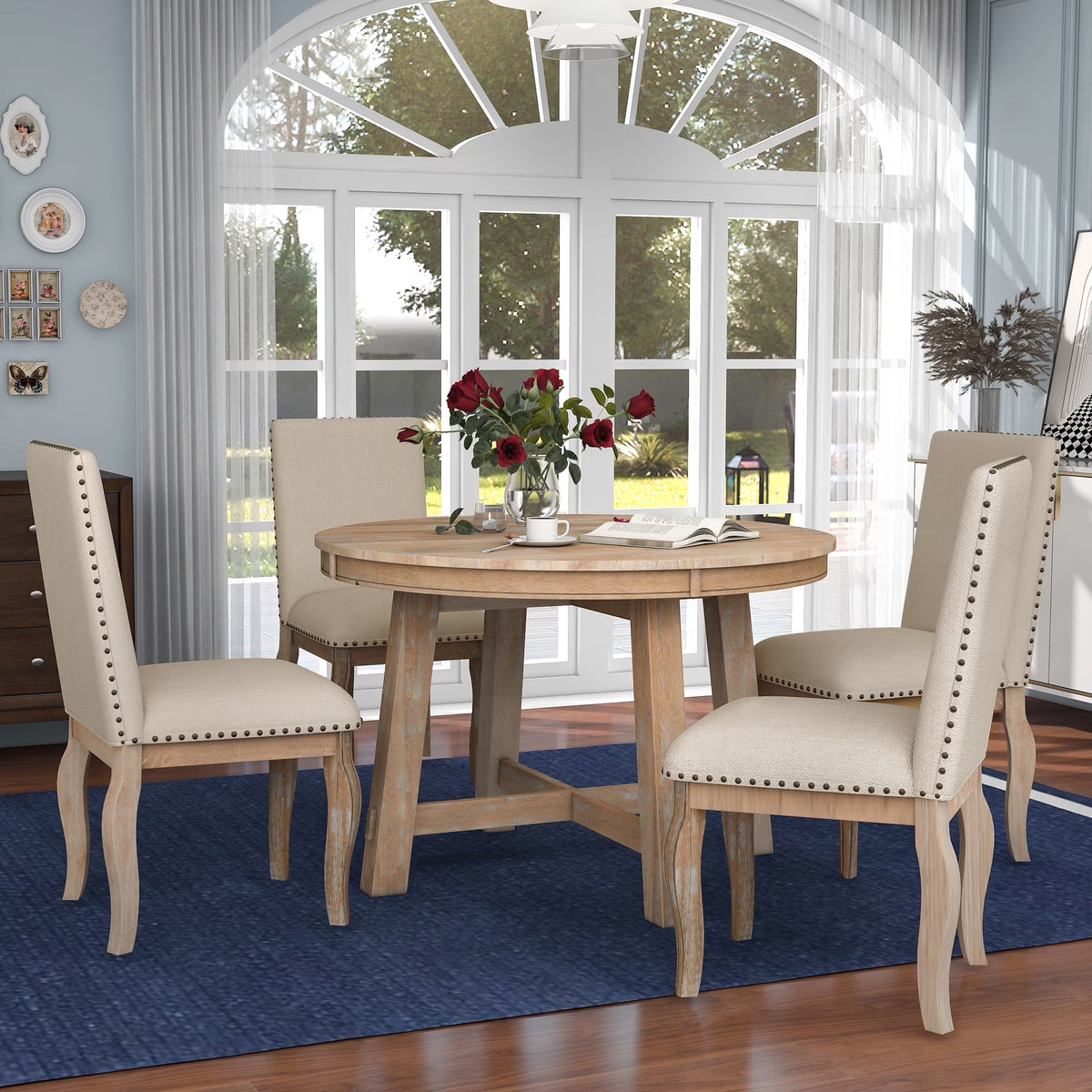 Bellemave 5-Piece Round Dining Table Set, Wood Farmhouse Extendable Dining Table and 4 Upholstered Dining Chairs, Kitchen Dining Table Set for 4 Antique White
